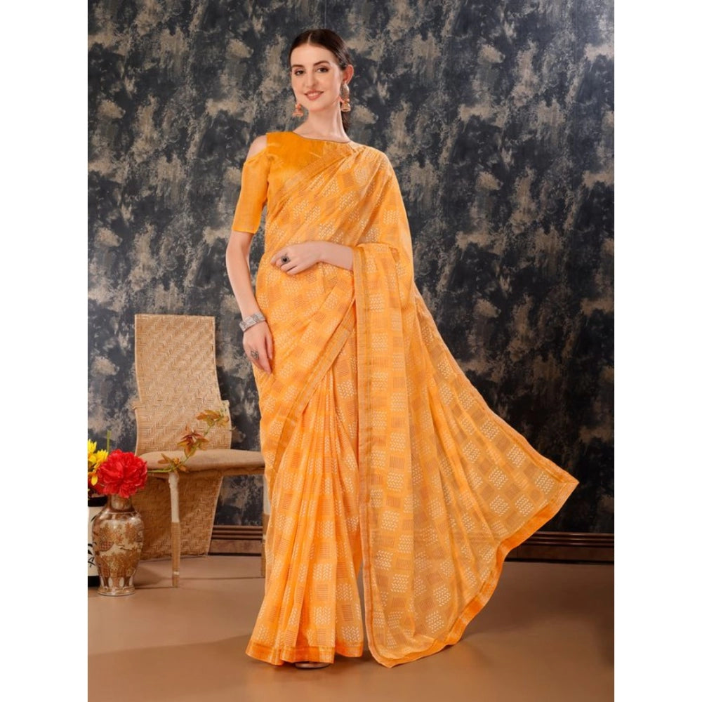 Shopper Beast Women's Zomto Cheked Saree With Unstitched Blouse (Yellow, 5-6 Mtrs)