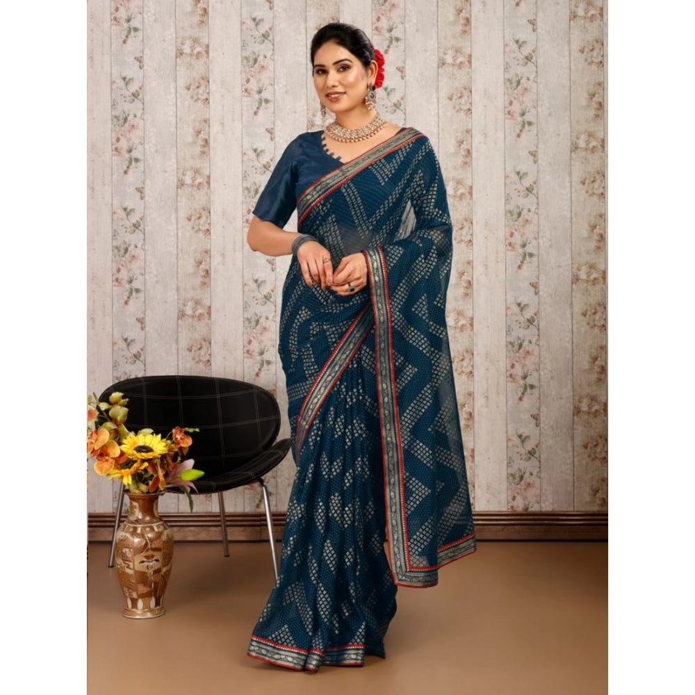 Shopper Beast Women's Zomto Zig Zag Saree With Unstitched Blouse (Blue, 5-6 Mtrs)