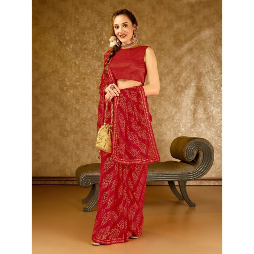 Shopper Beast Women's Zomto Bandhani Saree With Unstitched Blouse (Red, 5-6 Mtrs)