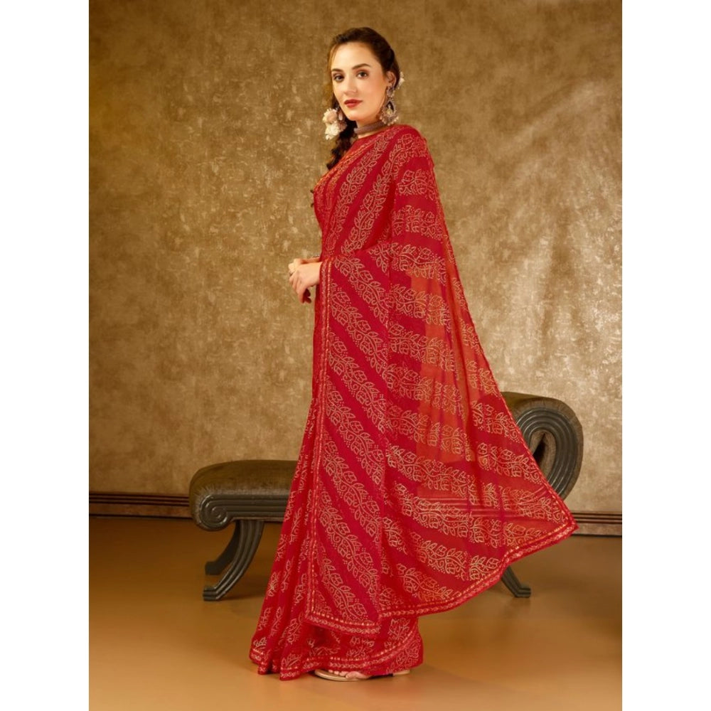 Shopper Beast Women's Zomto Bandhani Saree With Unstitched Blouse (Red, 5-6 Mtrs)