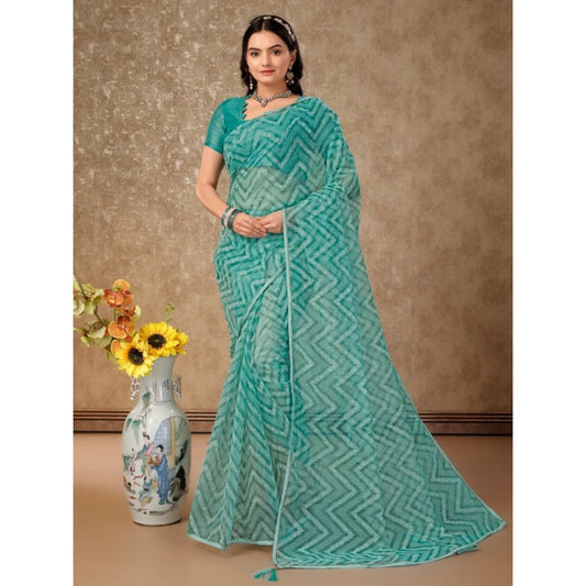 Shopper Beast Women's Linen Zig Zag Saree With Unstitched Blouse (Turquies Green, 5-6 Mtrs)