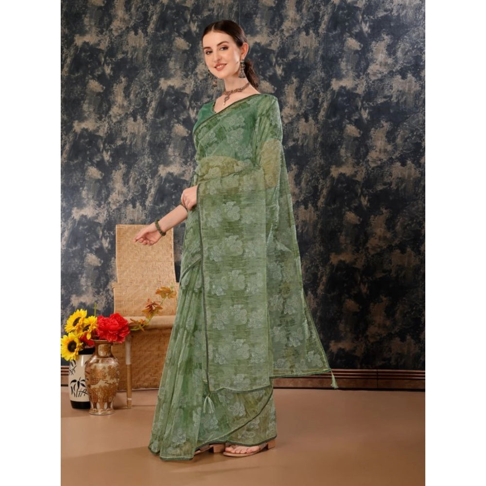 Shopper Beast Women's Linen Floral Printed Saree With Unstitched Blouse (Green, 5-6 Mtrs)