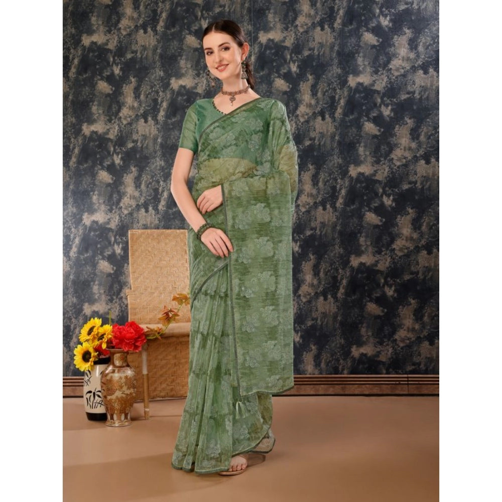 Shopper Beast Women's Linen Floral Printed Saree With Unstitched Blouse (Green, 5-6 Mtrs)