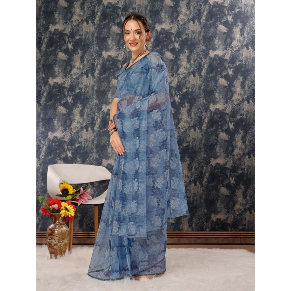 Shopper Beast Women's Linen Floral Printed Saree With Unstitched Blouse (Blue, 5-6 Mtrs)