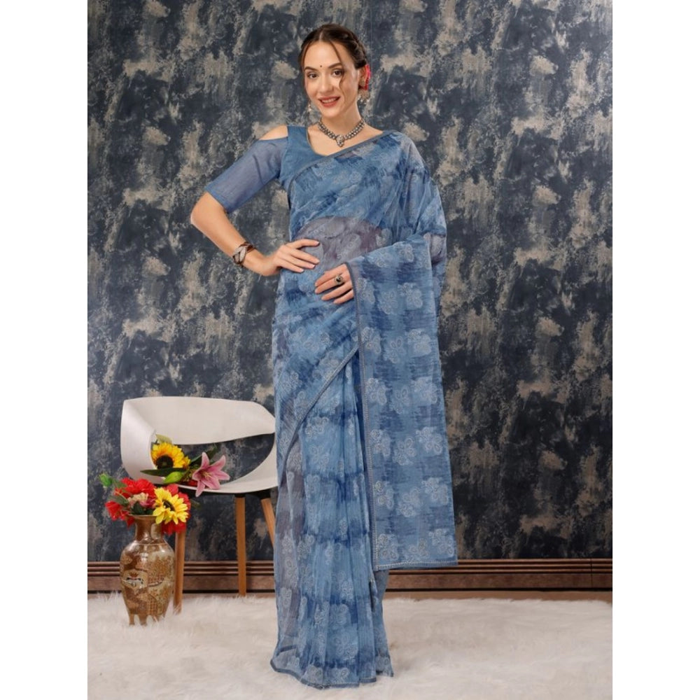 Shopper Beast Women's Linen Floral Printed Saree With Unstitched Blouse (Blue, 5-6 Mtrs)