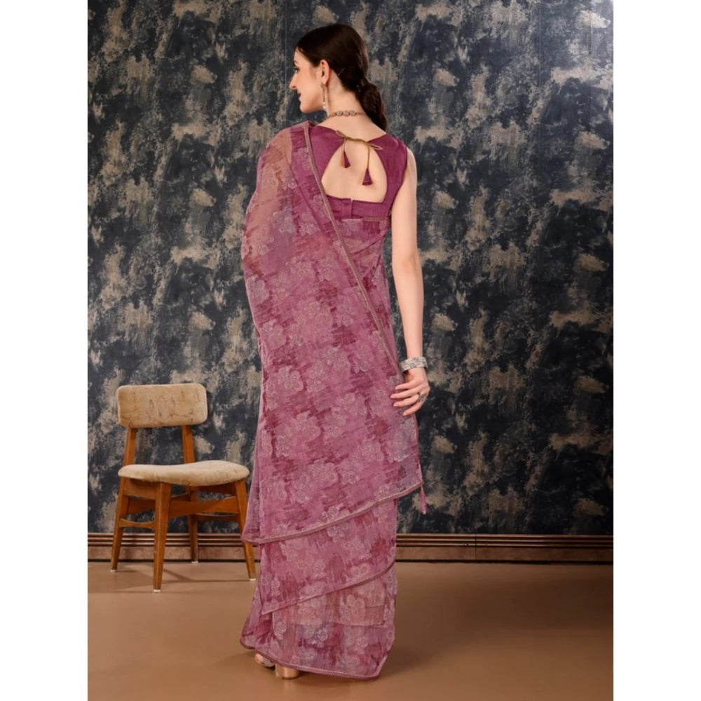 Shopper Beast Women's Linen Floral Printed Saree With Unstitched Blouse (Purple, 5-6 Mtrs)