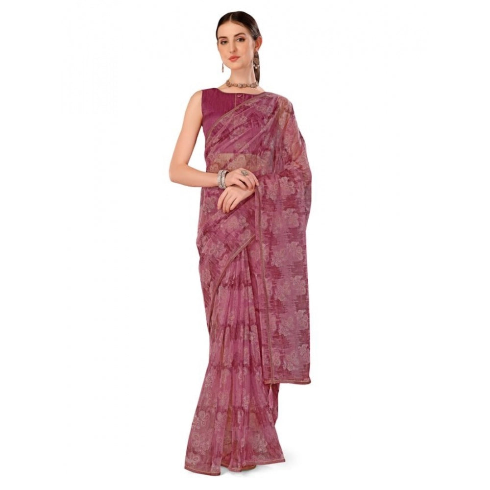 Shopper Beast Women's Linen Floral Printed Saree With Unstitched Blouse (Purple, 5-6 Mtrs)