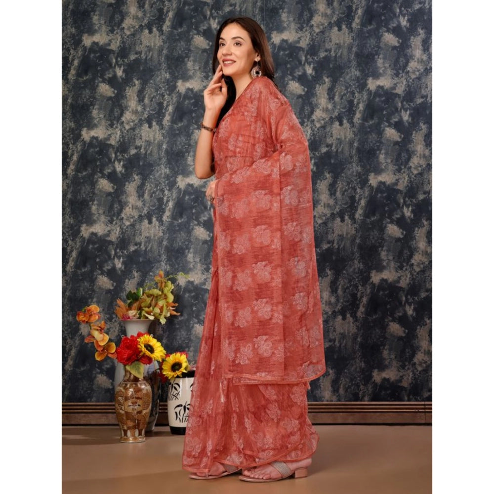 Shopper Beast Women's Linen Floral Printed Saree With Unstitched Blouse (Peach, 5-6 Mtrs)