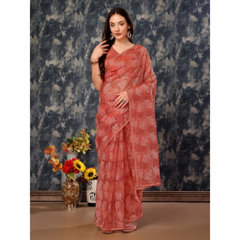 Shopper Beast Women's Linen Floral Printed Saree With Unstitched Blouse (Peach, 5-6 Mtrs)