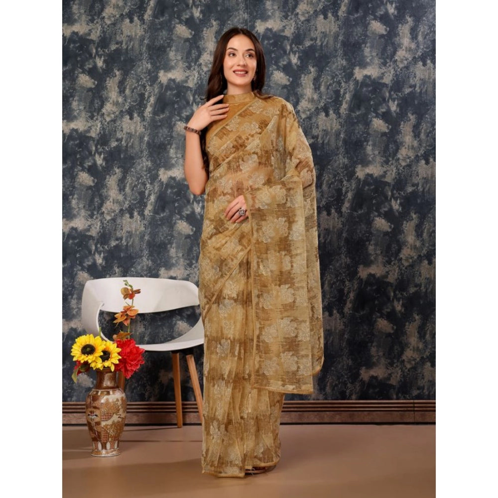 Shopper Beast Women's Linen Floral Printed Saree With Unstitched Blouse (Brown, 5-6 Mtrs)