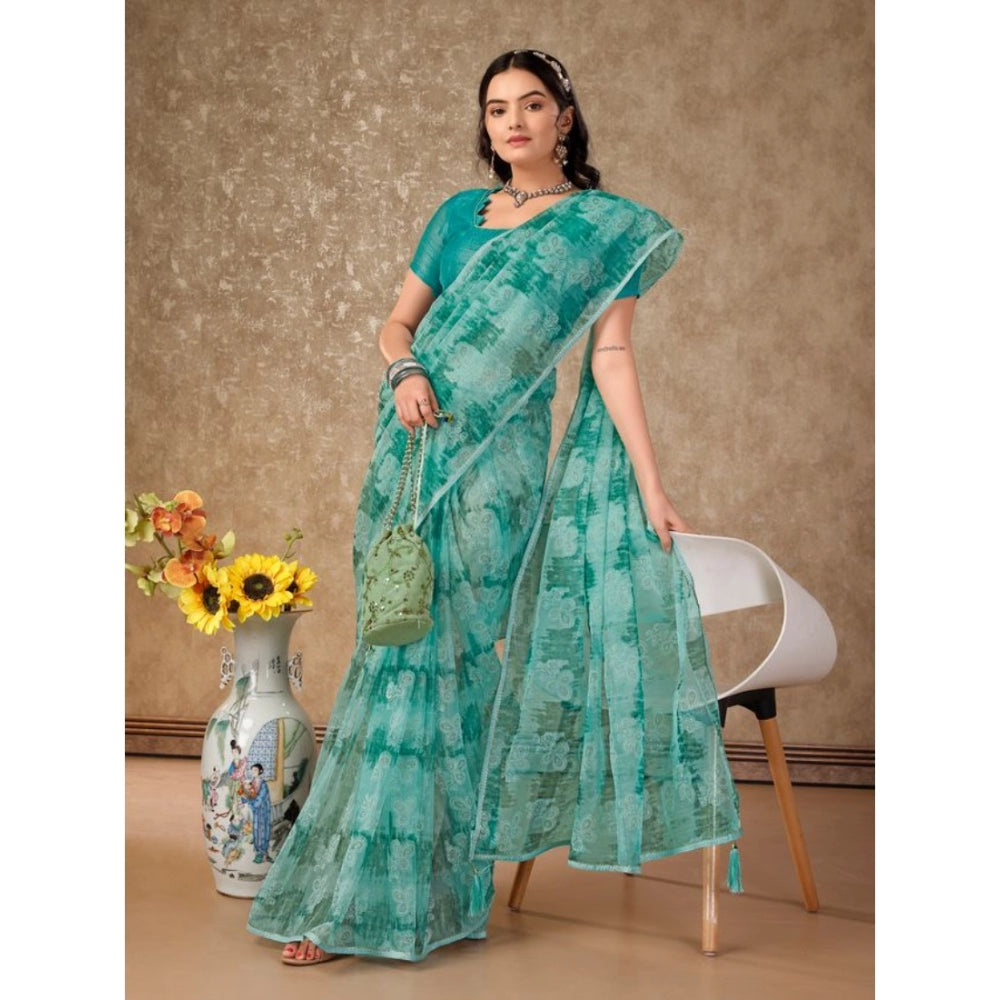 Shopper Beast Women's Linen Floral Printed Saree With Unstitched Blouse (Turquies Green, 5-6 Mtrs)