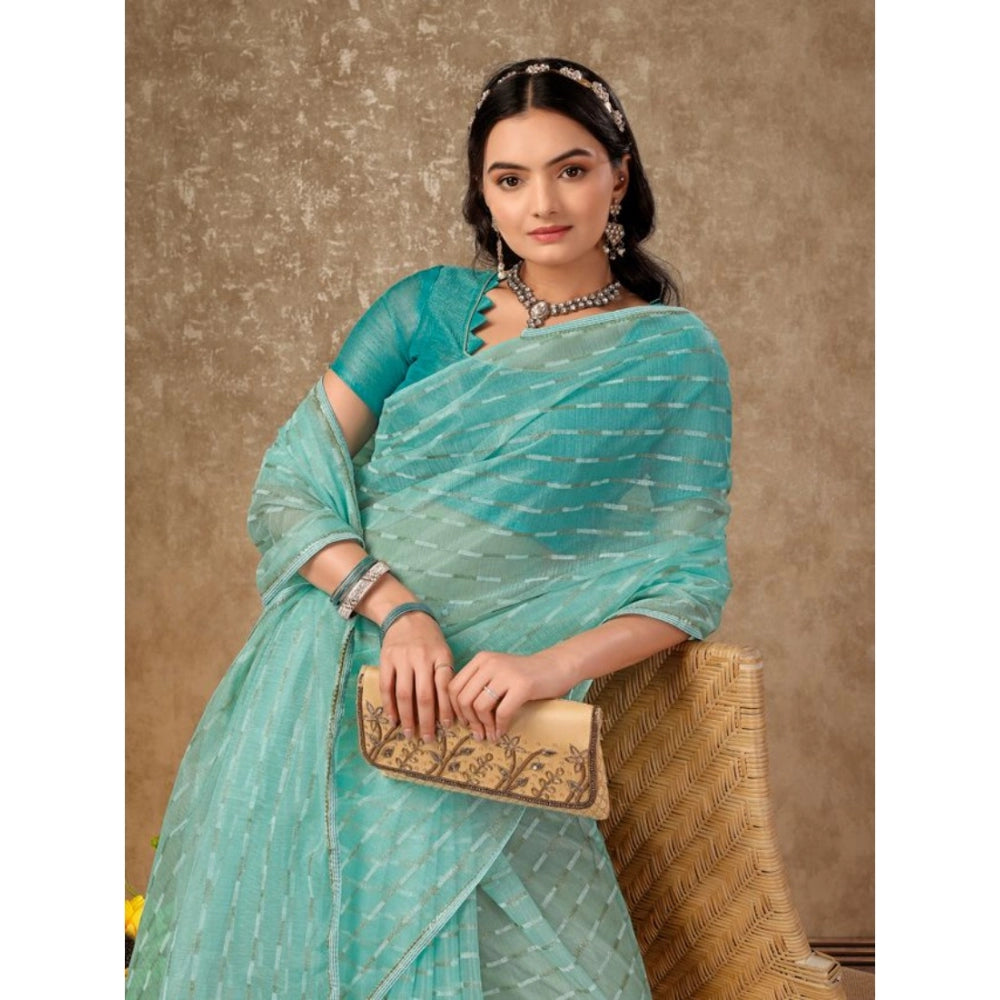 Shopper Beast Women's Linen Line Saree With Unstitched Blouse (Turquies Green, 5-6 Mtrs)