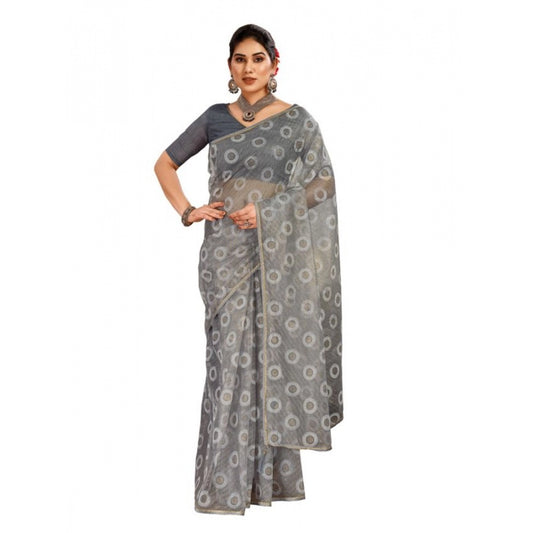 Shopper Beast Women's Linen Gola Printed Saree With Unstitched Blouse (Grey, 5-6 Mtrs)