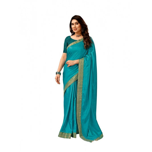 Shopper Beast Women's Vichitra Plain Saree With Unstitched Blouse (Teal Blue, 5-6 Mtrs)