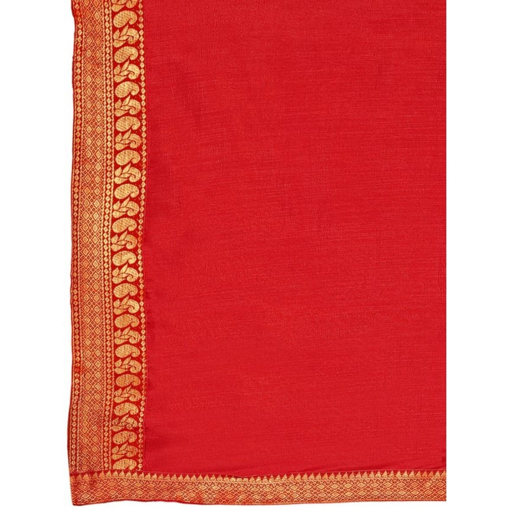 Shopper Beast Women's Vichitra Plain Saree With Unstitched Blouse (Red, 5-6 Mtrs)