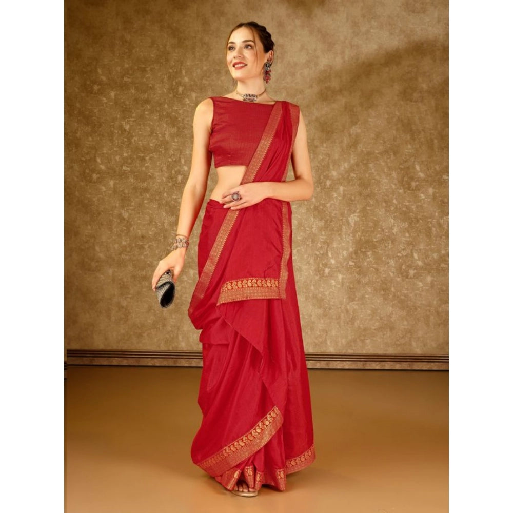 Shopper Beast Women's Vichitra Plain Saree With Unstitched Blouse (Red, 5-6 Mtrs)