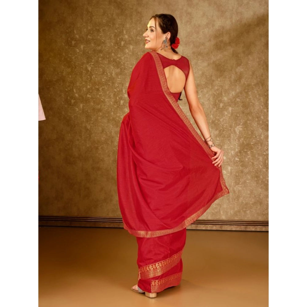 Shopper Beast Women's Vichitra Plain Saree With Unstitched Blouse (Red, 5-6 Mtrs)