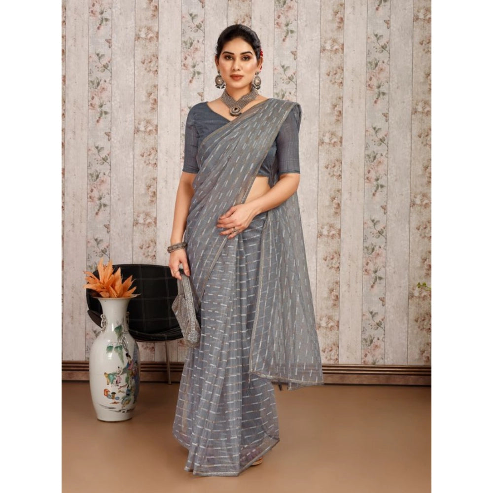 Shopper Beast Women's Linen Line Saree With Unstitched Blouse (Grey, 5-6 Mtrs)