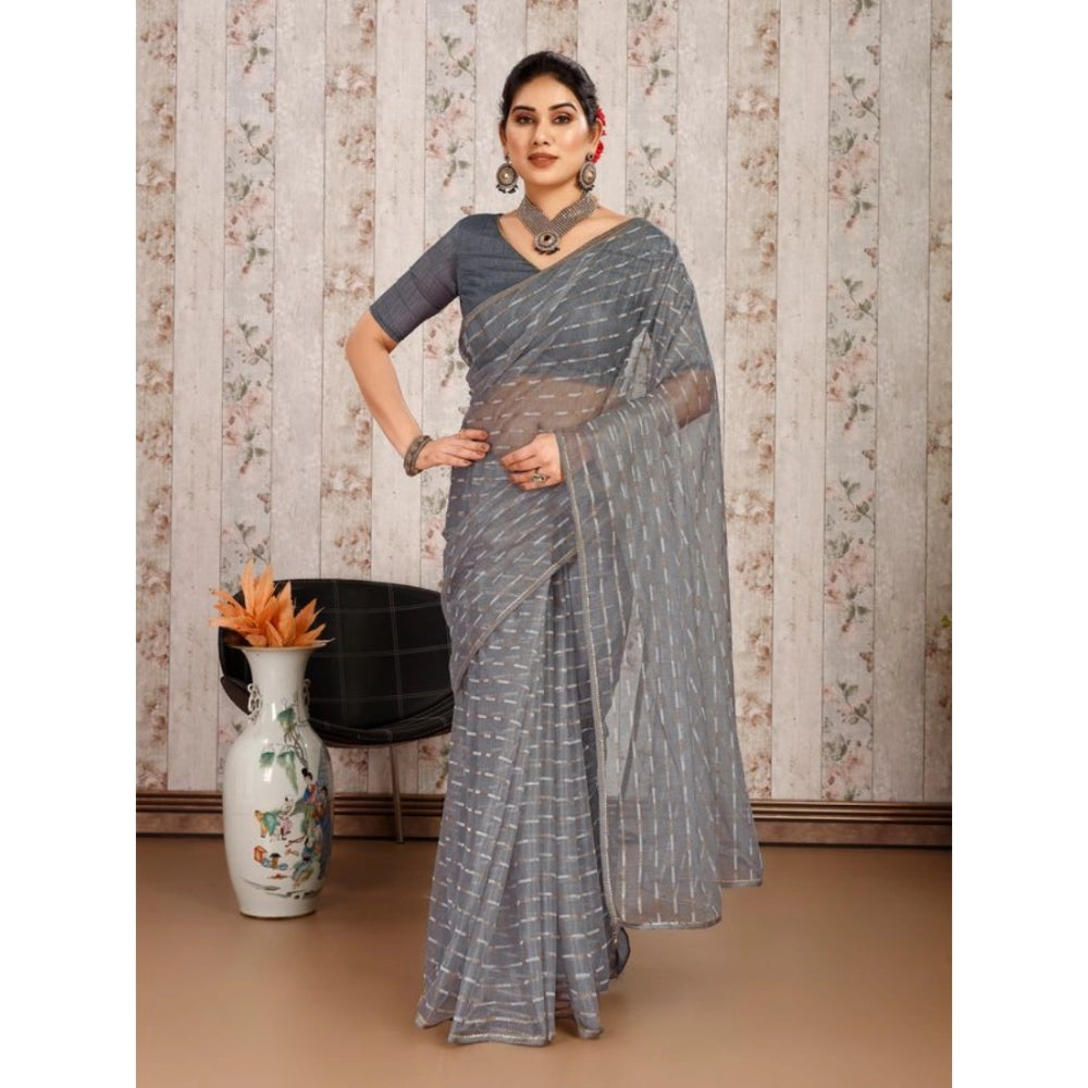 Shopper Beast Women's Linen Line Saree With Unstitched Blouse (Grey, 5-6 Mtrs)