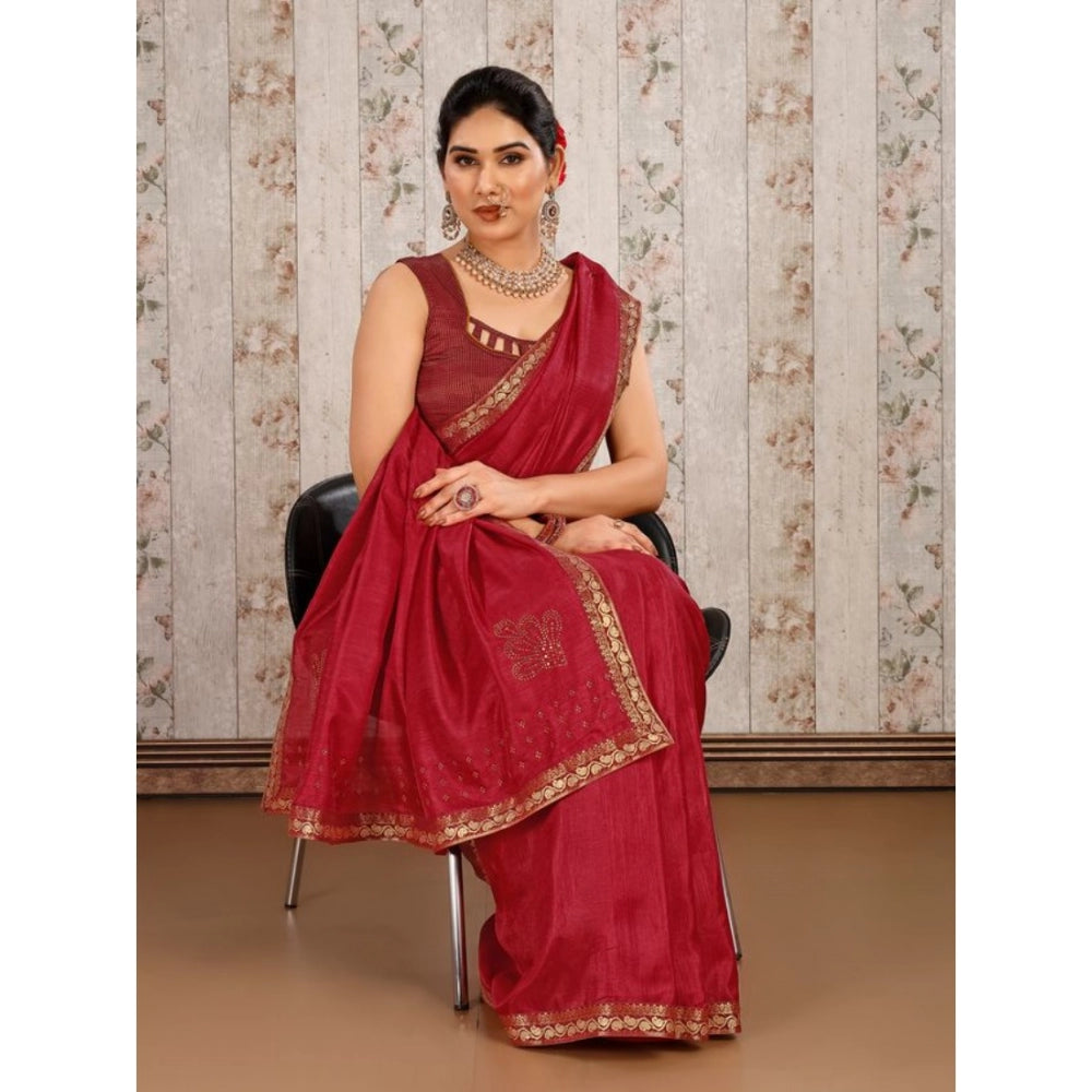 Shopper Beast Women's Vichitra Swiroshki Butta Saree With Unstitched Blouse (Maroon, 5-6 Mtrs)