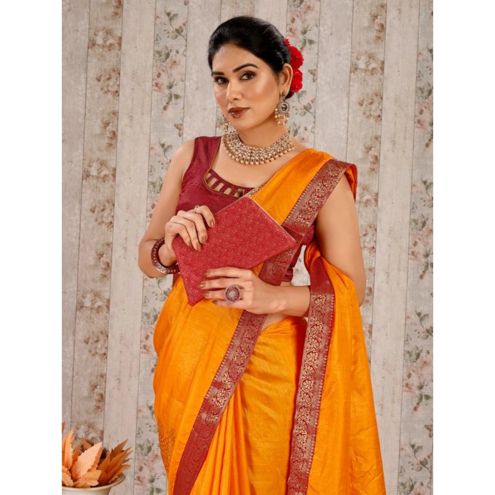 Shopper Beast Women's Vichitra Swiroshki Butta Saree With Unstitched Blouse (Yellow, 5-6 Mtrs)