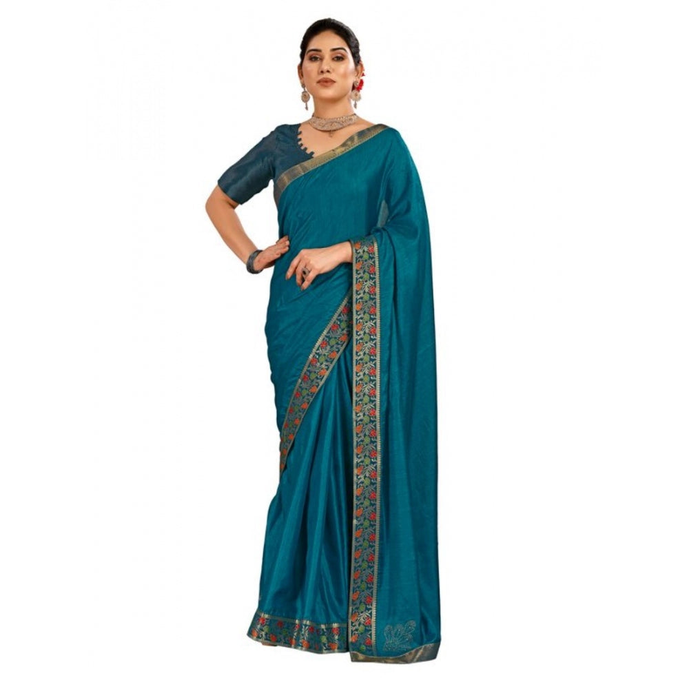 Shopper Beast Women's Vichitra Swiroshki Butta Saree With Unstitched Blouse (Teal Blue, 5-6 Mtrs)