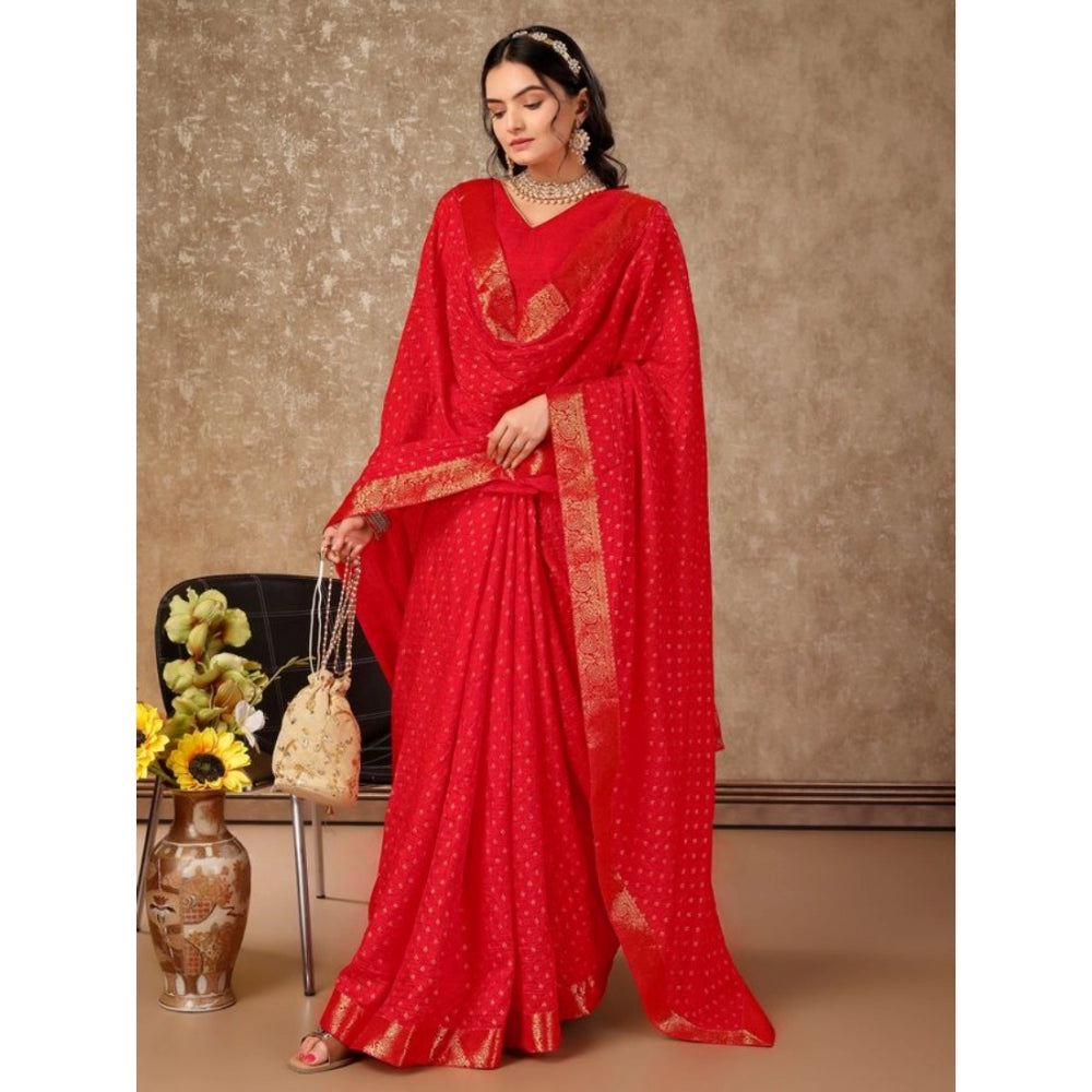 Shopper Beast Women's Vichitra Bandhani Saree With Unstitched Blouse (Red, 5-6 Mtrs)