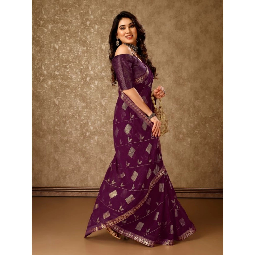 Shopper Beast Women's Zomto Patta Chiffon Saree With Unstitched Blouse (Wine, 5-6 Mtrs)