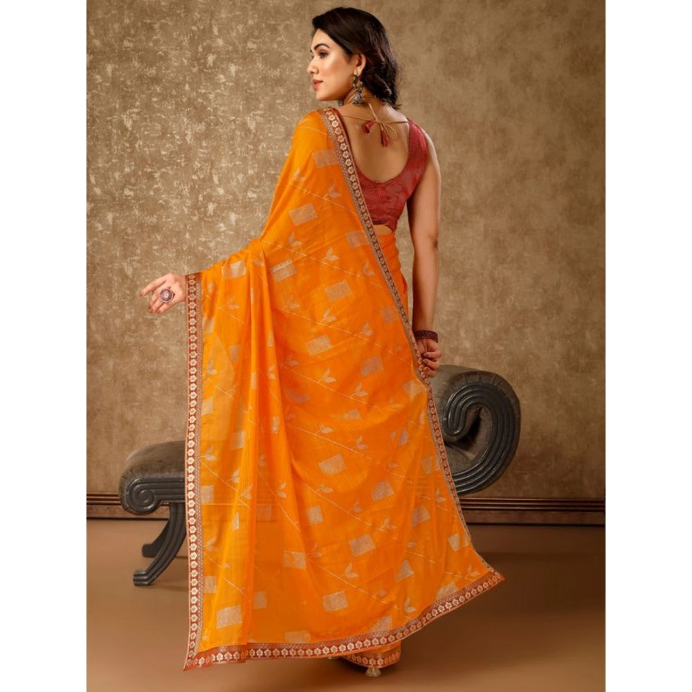 Shopper Beast Women's Zomto Patta Chiffon Saree With Unstitched Blouse (Yellow, 5-6 Mtrs)