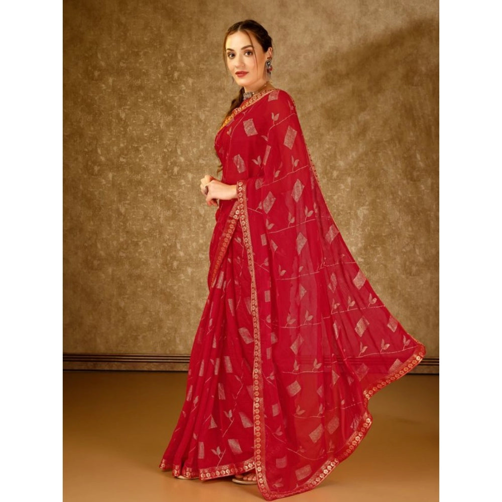 Shopper Beast Women's Zomto Patta Chiffon Saree With Unstitched Blouse (Red, 5-6 Mtrs)