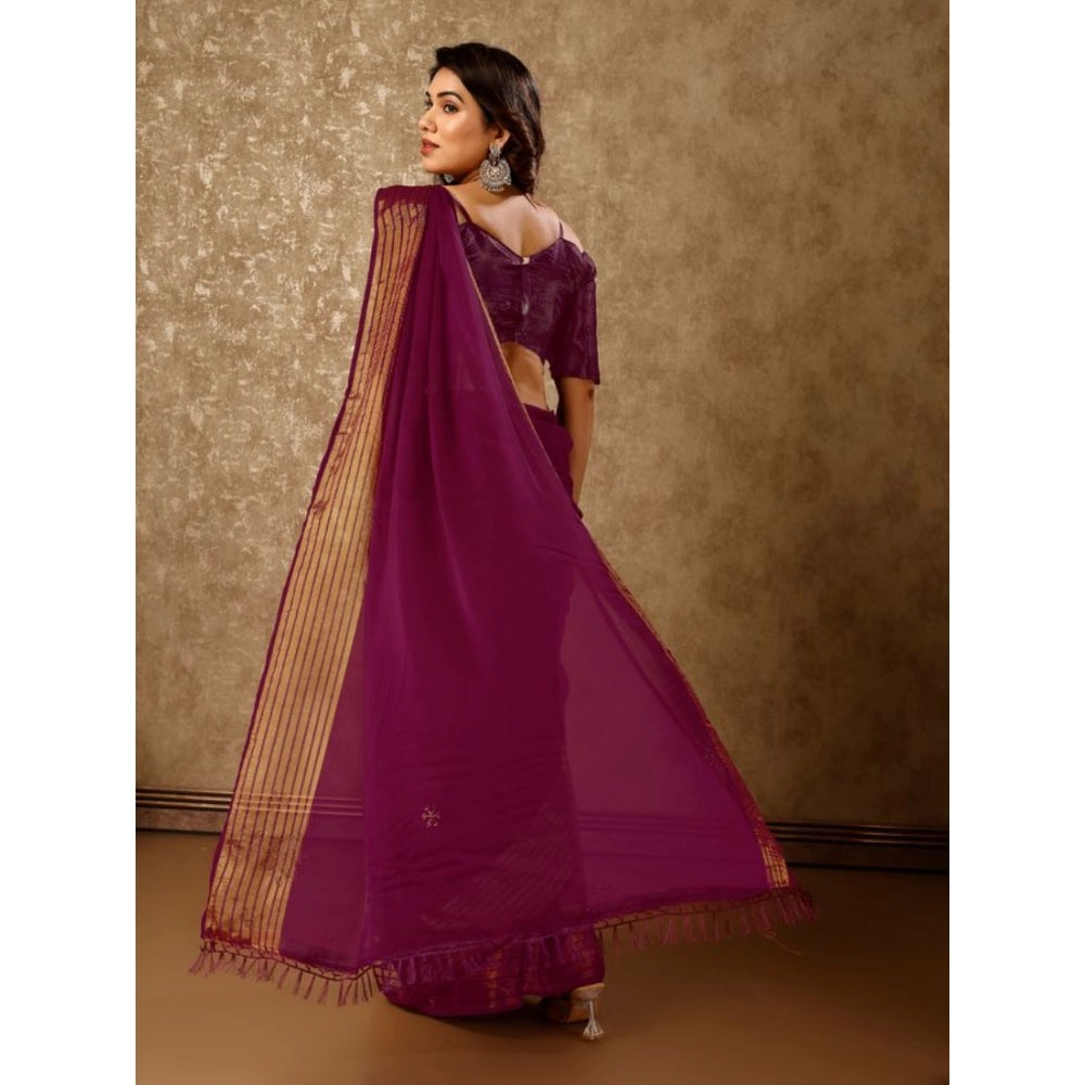 Shopper Beast Women's Chiffon Fabric Plain Saree With Unstitched Blouse (Wine, 5-6 Mtrs)