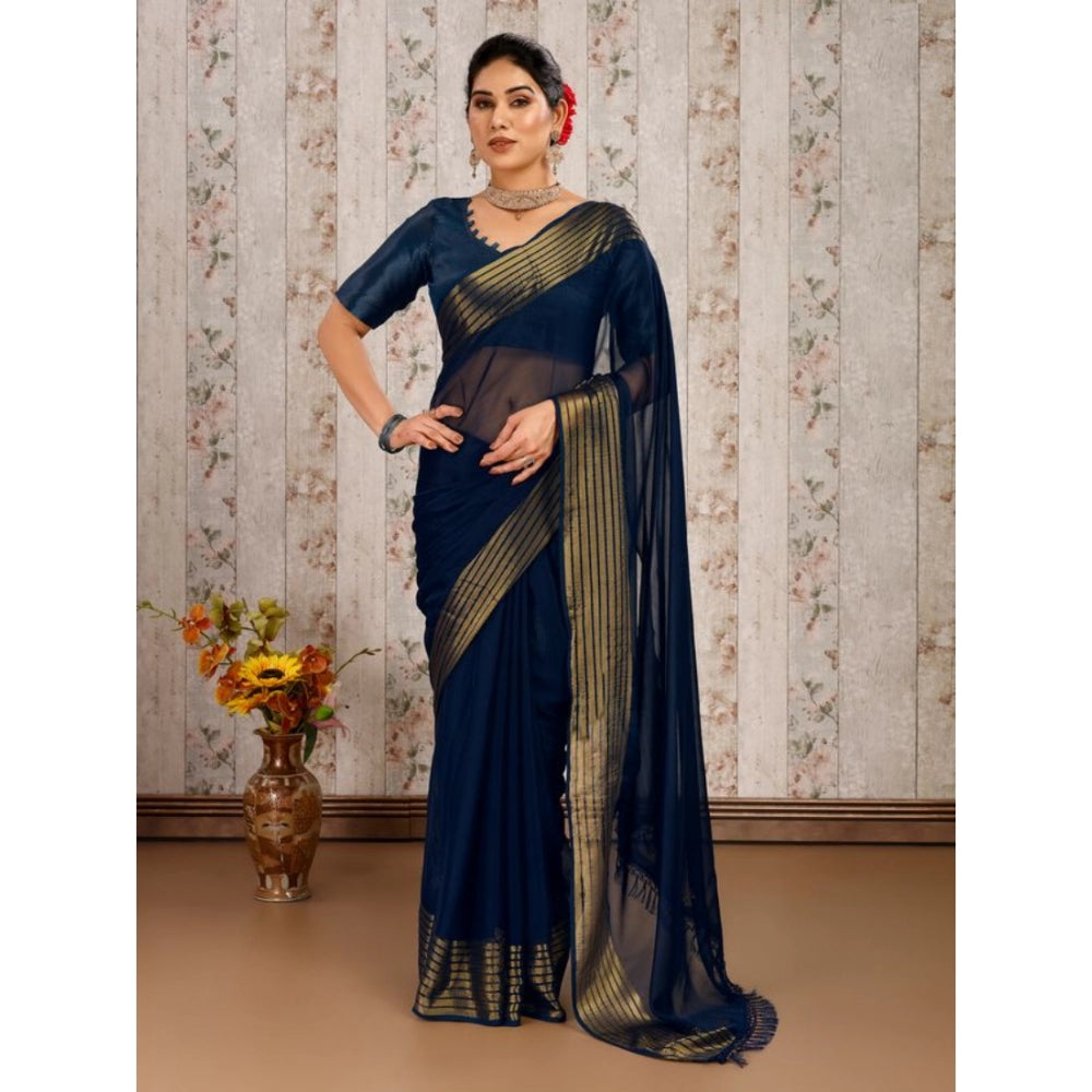 Shopper Beast Women's Chiffon Fabric Plain Saree With Unstitched Blouse (Blue, 5-6 Mtrs)