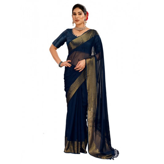 Shopper Beast Women's Chiffon Fabric Plain Saree With Unstitched Blouse (Blue, 5-6 Mtrs)