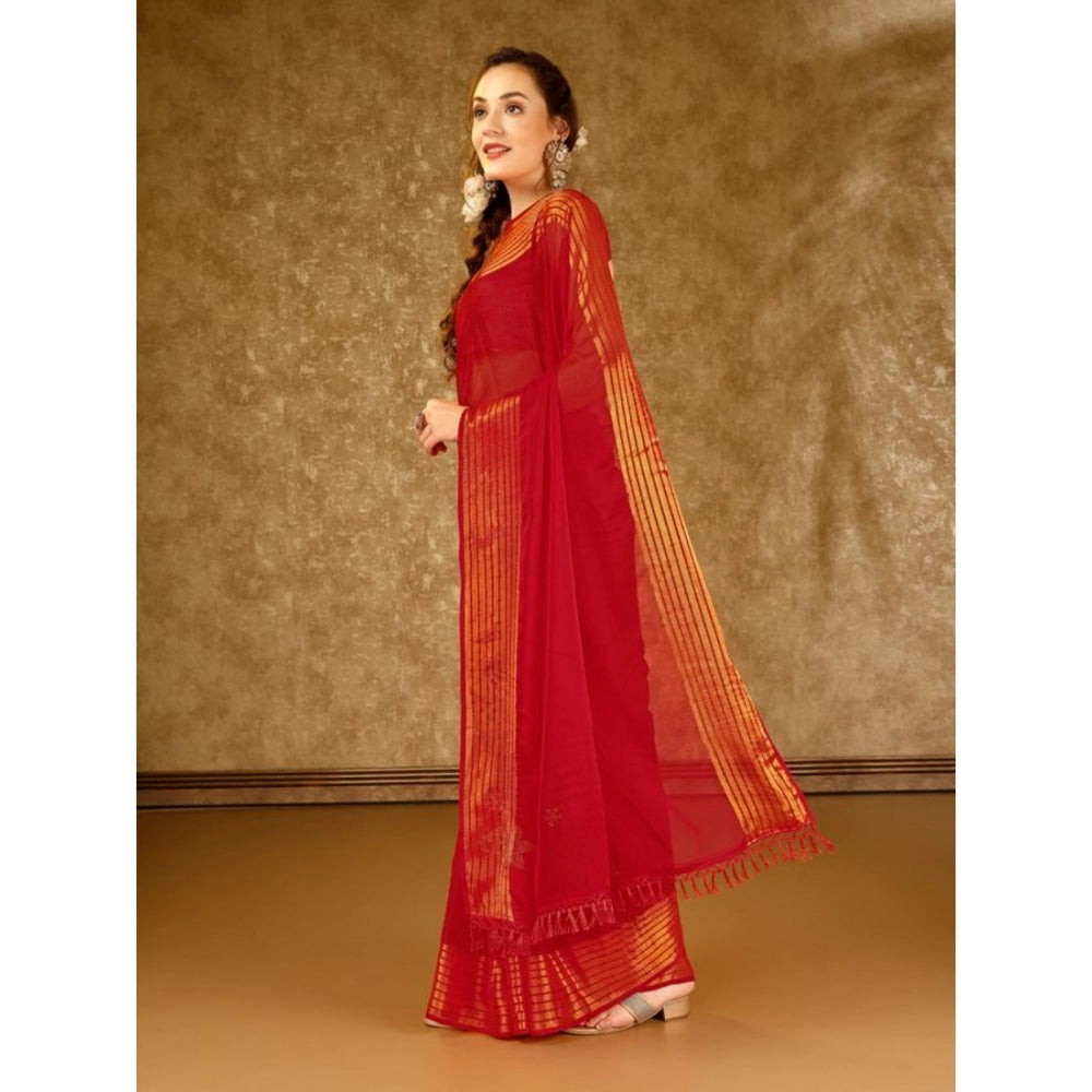 Shopper Beast Women's Chiffon Fabric Plain Saree With Unstitched Blouse (Red, 5-6 Mtrs)