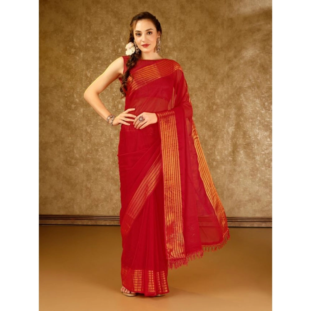 Shopper Beast Women's Chiffon Fabric Plain Saree With Unstitched Blouse (Red, 5-6 Mtrs)