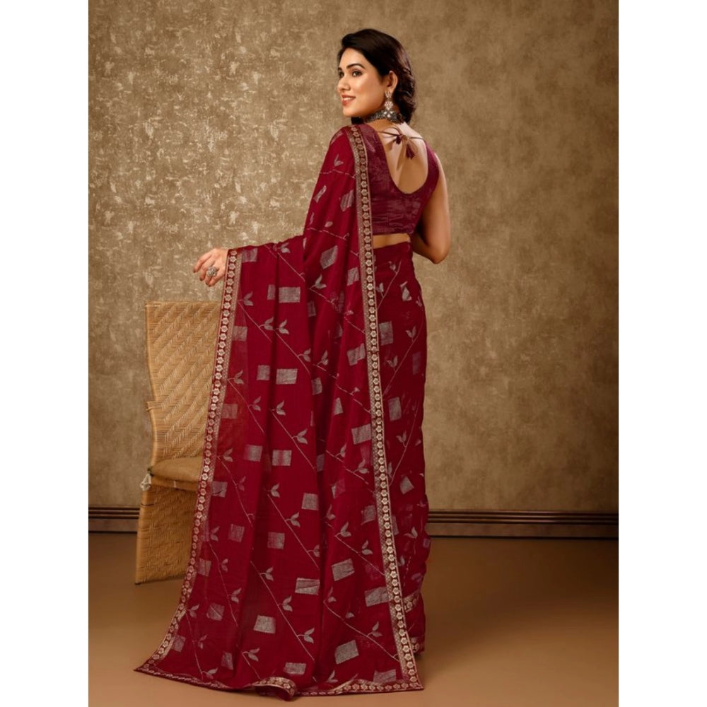 Shopper Beast Women's Zomto Patta Chiffon Saree With Unstitched Blouse (Maroon, 5-6 Mtrs)