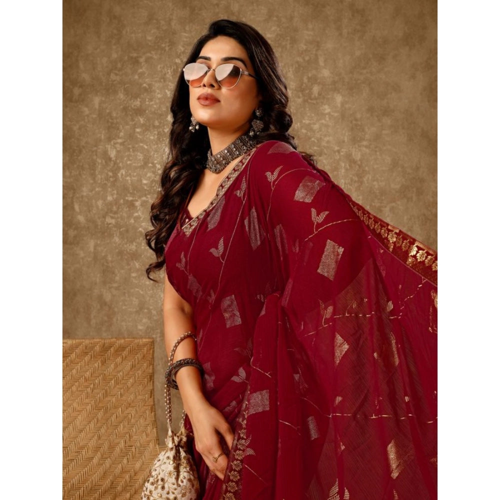 Shopper Beast Women's Zomto Patta Chiffon Saree With Unstitched Blouse (Maroon, 5-6 Mtrs)