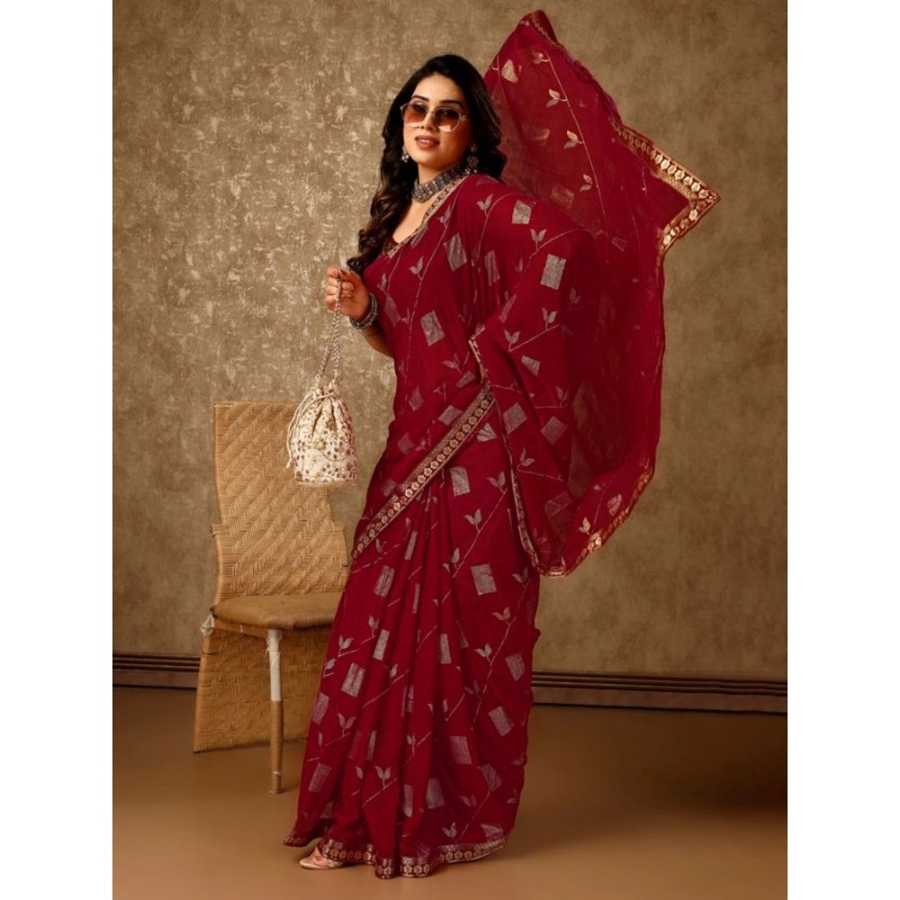 Shopper Beast Women's Zomto Patta Chiffon Saree With Unstitched Blouse (Maroon, 5-6 Mtrs)