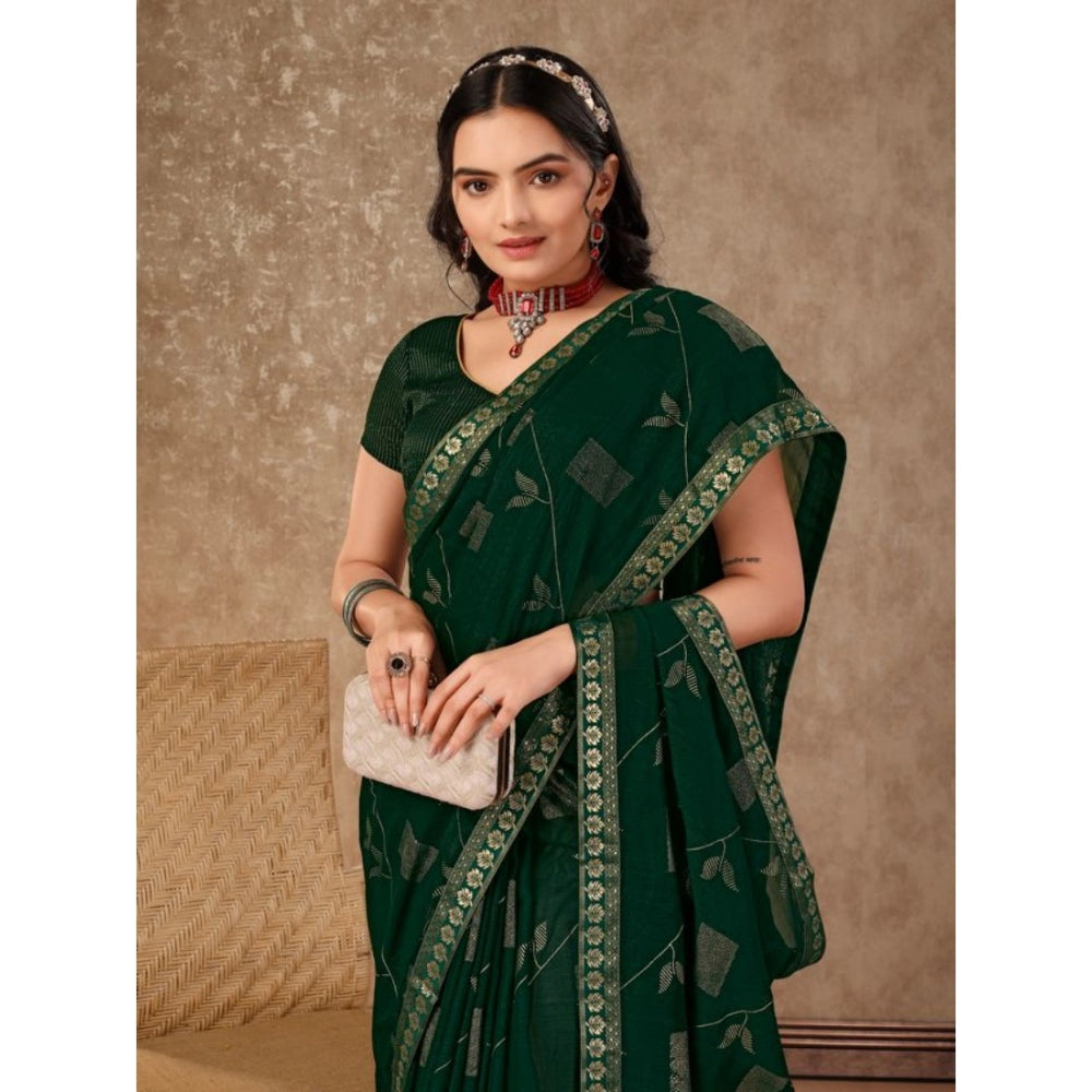 Shopper Beast Women's Zomto Patta Chiffon Saree With Unstitched Blouse (Green, 5-6 Mtrs)