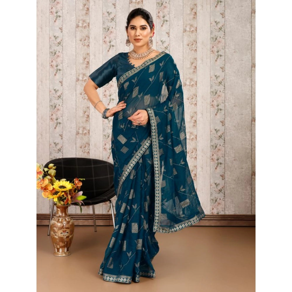 Shopper Beast Women's Zomto Patta Chiffon Saree With Unstitched Blouse (Blue, 5-6 Mtrs)