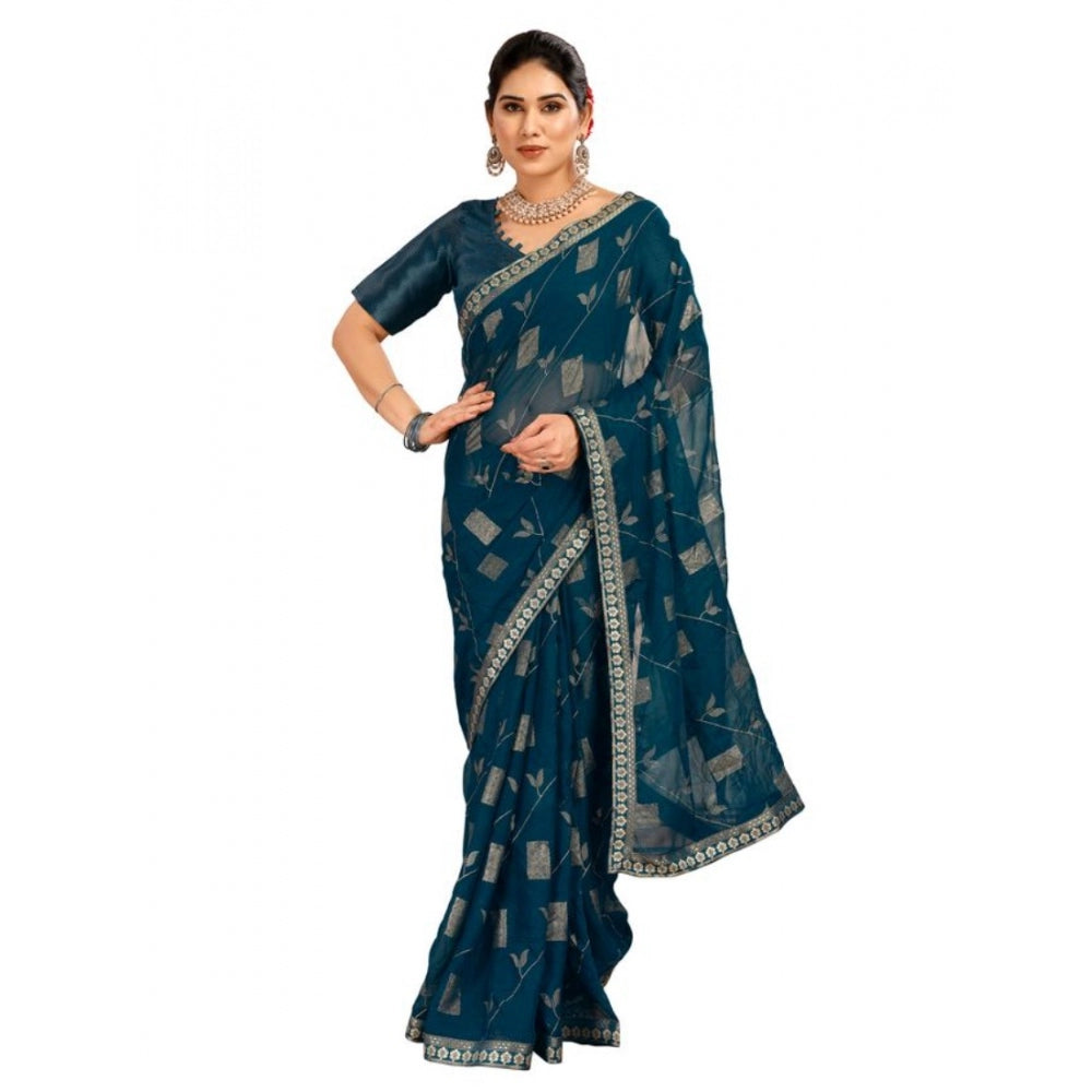 Shopper Beast Women's Zomto Patta Chiffon Saree With Unstitched Blouse (Blue, 5-6 Mtrs)