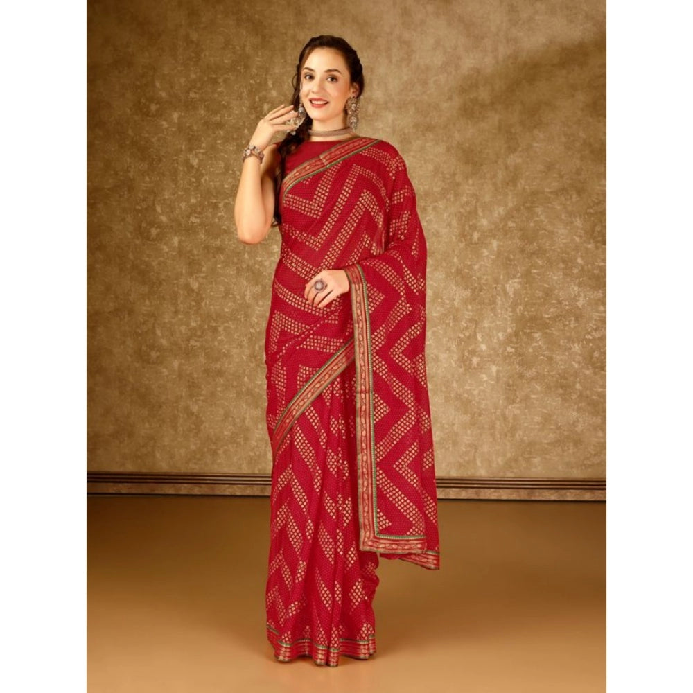 Shopper Beast Women's Zomto Zig Zag Saree With Unstitched Blouse (Red, 5-6 Mtrs)