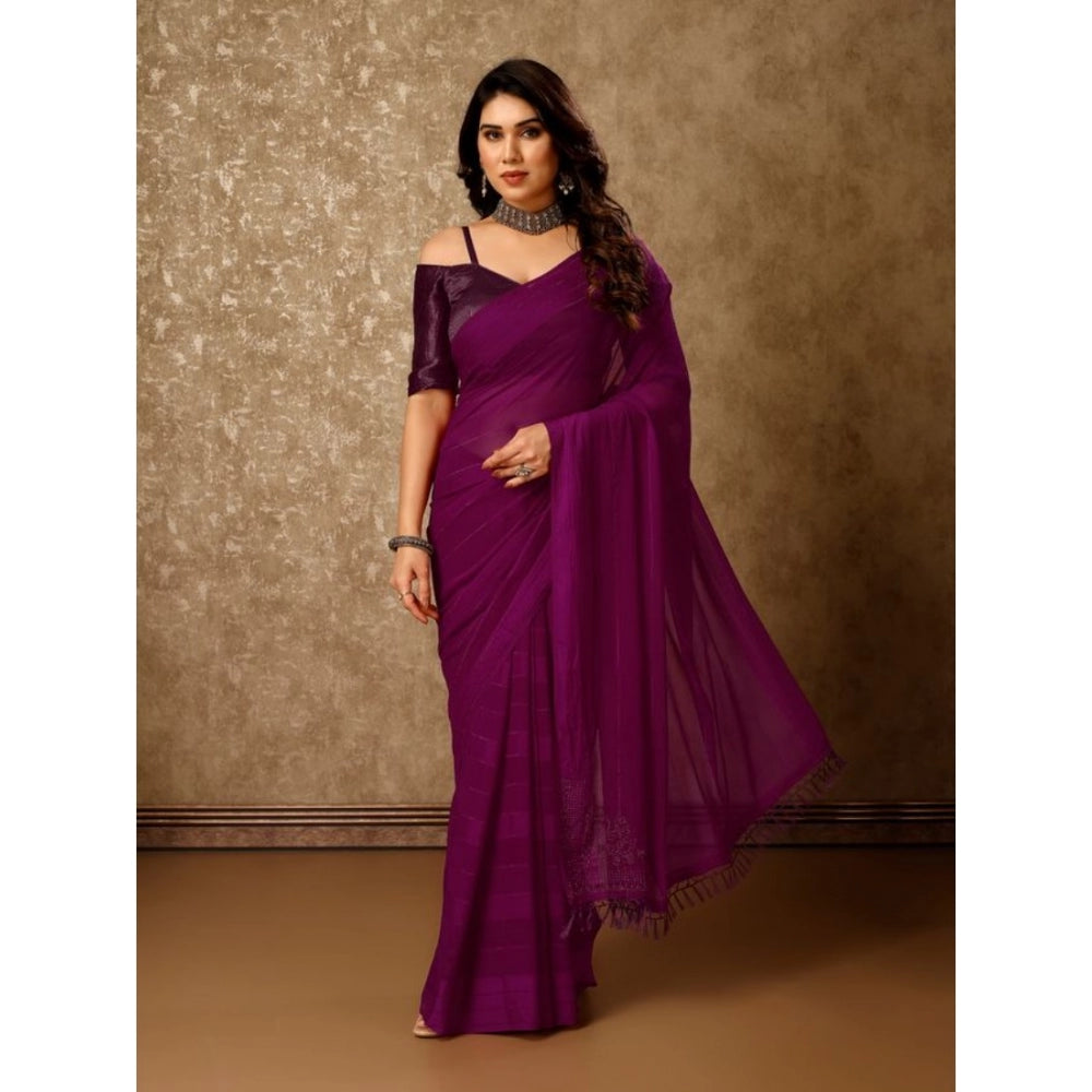 Shopper Beast Women's Chiffon Fabric Line Saree With Unstitched Blouse (Wine, 5-6 Mtrs)