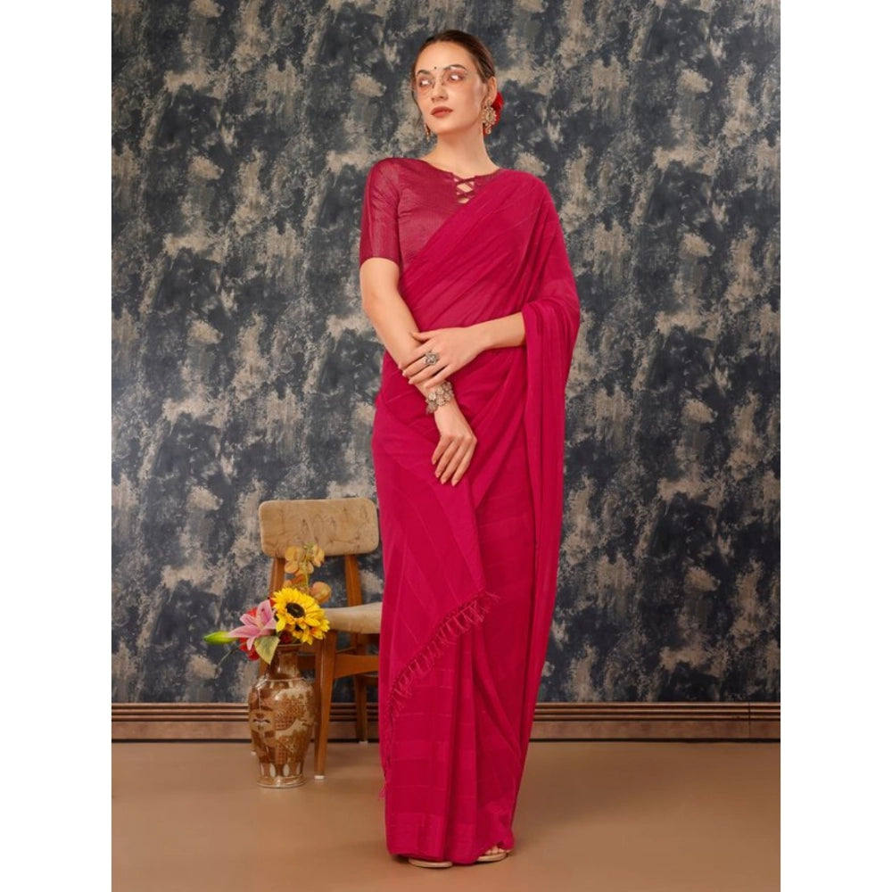 Shopper Beast Women's Chiffon Fabric Line Saree With Unstitched Blouse (Pink, 5-6 Mtrs)