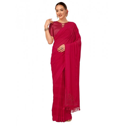 Shopper Beast Women's Chiffon Fabric Line Saree With Unstitched Blouse (Pink, 5-6 Mtrs)