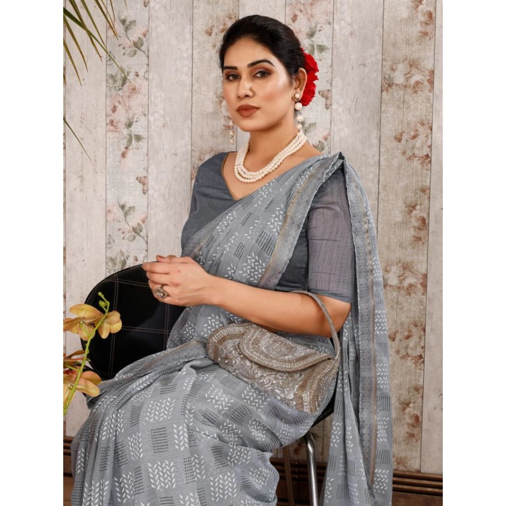 Shopper Beast Women's Zomto Cheked Saree With Unstitched Blouse (Grey, 5-6 Mtrs)