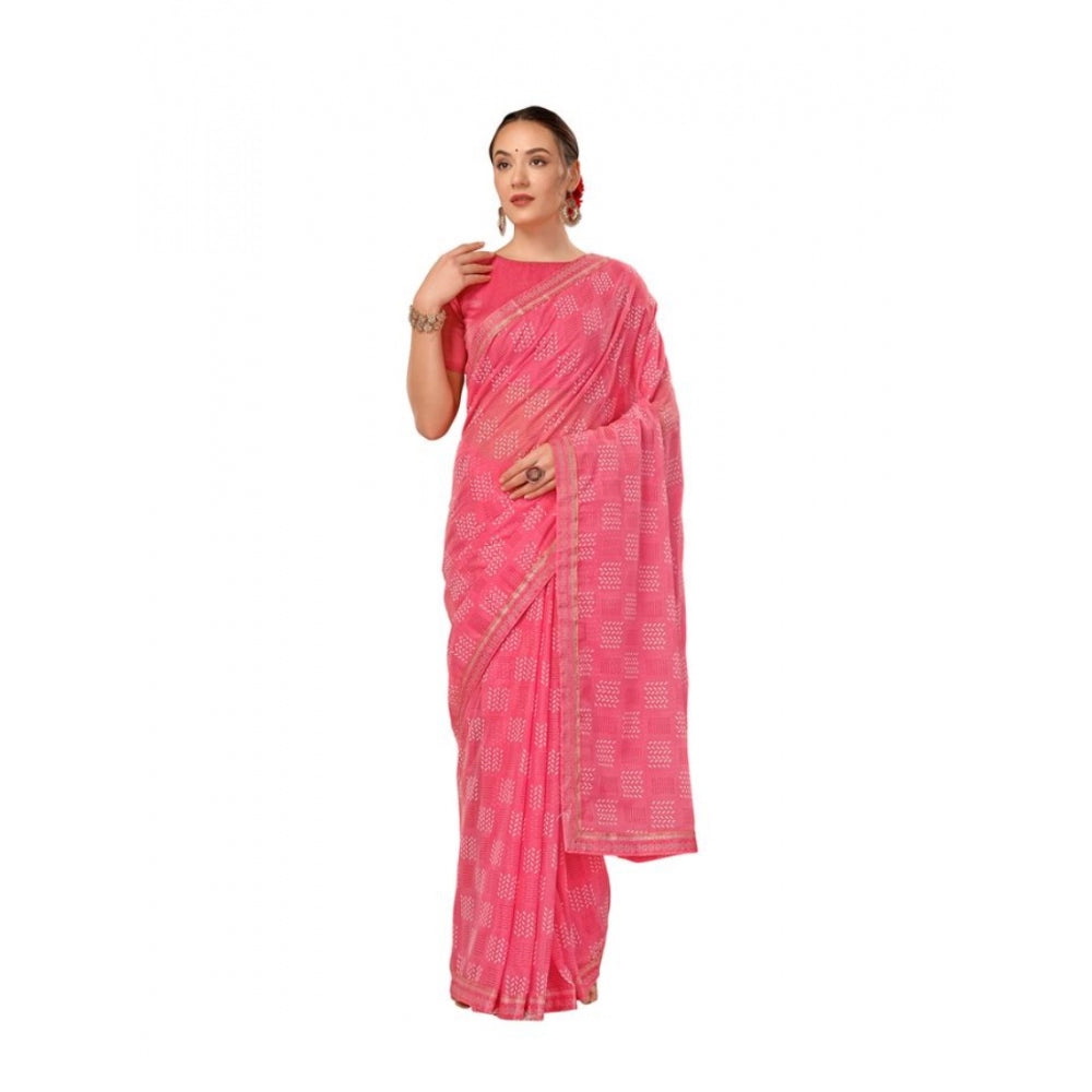 Shopper Beast Women's Zomto Cheked Saree With Unstitched Blouse (Pink, 5-6 Mtrs)