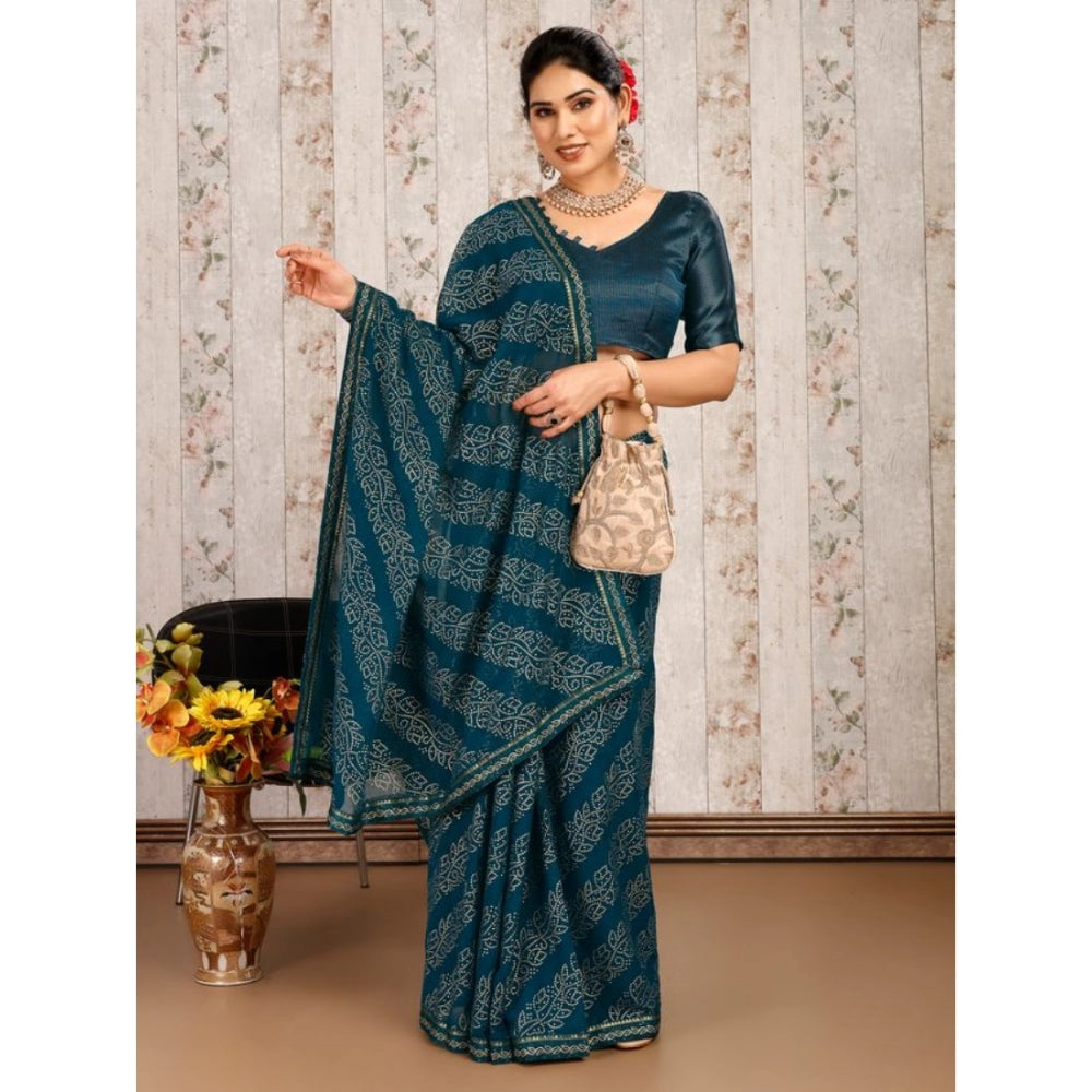 Shopper Beast Women's Zomto Bandhani Saree With Unstitched Blouse (Blue, 5-6 Mtrs)