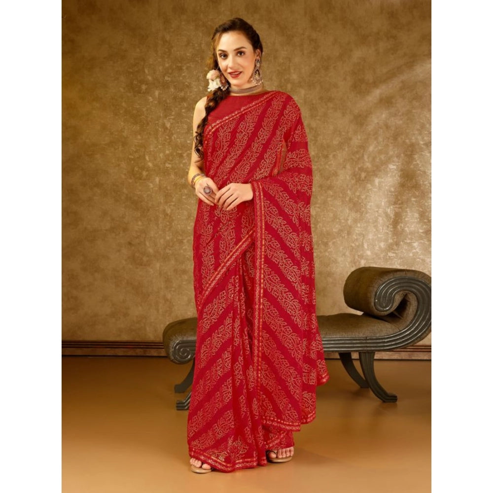 Shopper Beast Women's Zomto Bandhani Saree With Unstitched Blouse (Red, 5-6 Mtrs)