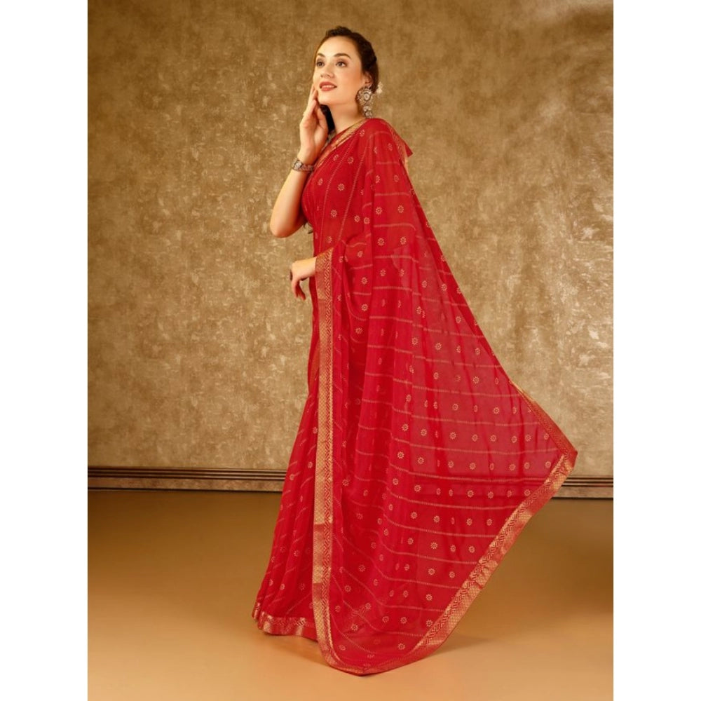 Shopper Beast Women's Zomto Bandhani Saree With Unstitched Blouse (Red, 5-6 Mtrs)